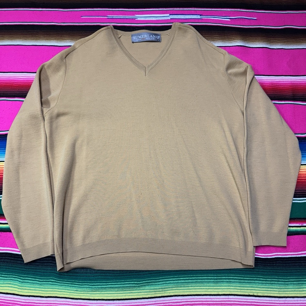 Vintage SUMERLAND Merino Wool Sweater Men's L Yellow‎ V Neck  Jersey Isles